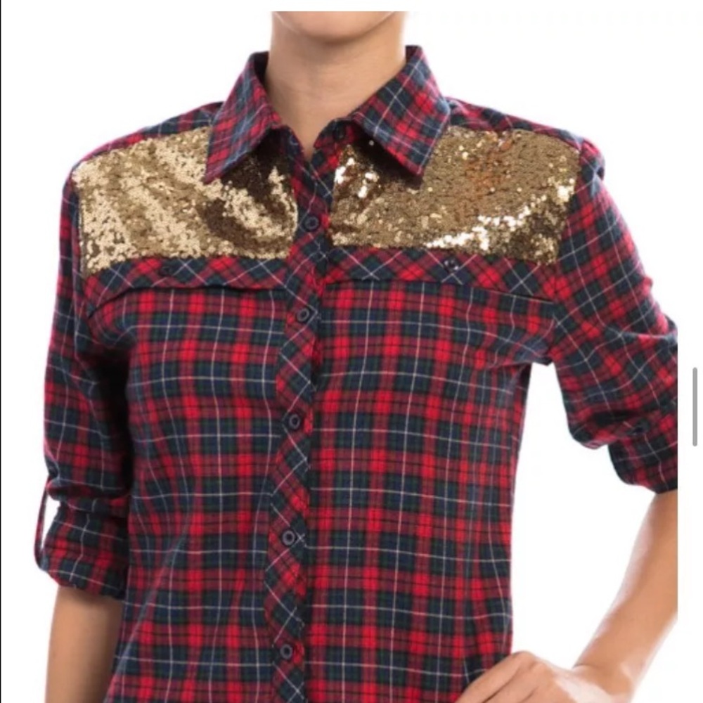 Christmas Plaid Pattern Sequin Sparkle button Shirt. New. Medium